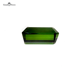 Close-up of a 29.65ct olive green tourmaline, ideal for custom jewelry.