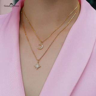 Crescent Moon Star Moissanite Necklace