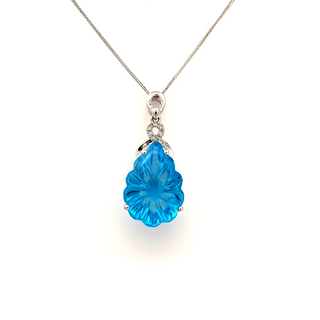 14K White Gold Pendant with 8.99 ct Natural Blue Topaz & Diamonds – IGI Certified