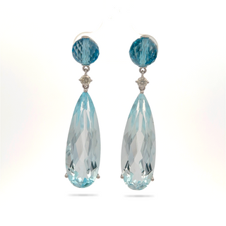 14K White Gold Earrings with 41.25 ct Natural Blue Topaz & Diamonds – IGI Certified