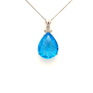14K White Gold Pendant with 11.67 ct Natural Blue Topaz & Diamonds – IGI Certified