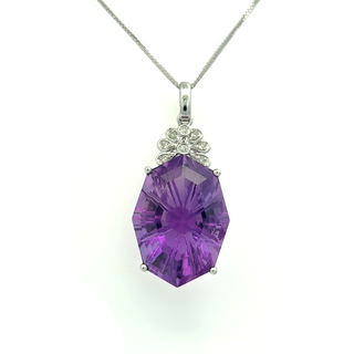 14K White Gold Pendant with 7.61 ct Natural Amethyst & Diamonds – IGI Certified