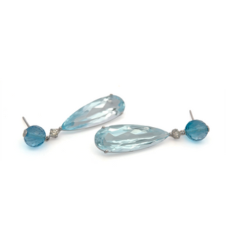 14K White Gold Earrings with 41.25 ct Natural Blue Topaz & Diamonds – IGI Certified