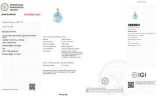 14K Yellow Gold Pendant with 8.25 ct Natural Blue Topaz & Diamond – IGI Certified